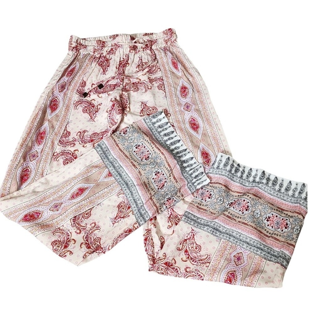 Lucy & Laurel Boho Paisley Print Wide Leg Pants Pink Cream Elastic Waist XS